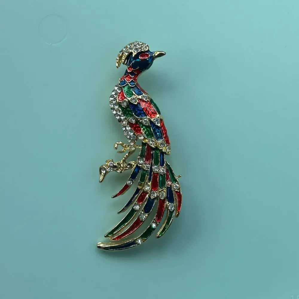 Vintage Multi-Colored Enamel Peacock Brooch Gold-Tone Rhinestone Bird Pin